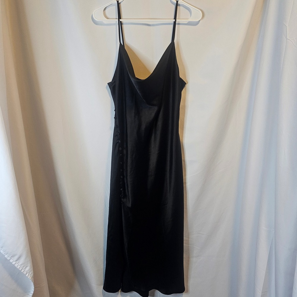 Zara Satin Cowl Neck Midi Dress Womens XL Black Minimalist Cocktail Slip Slit